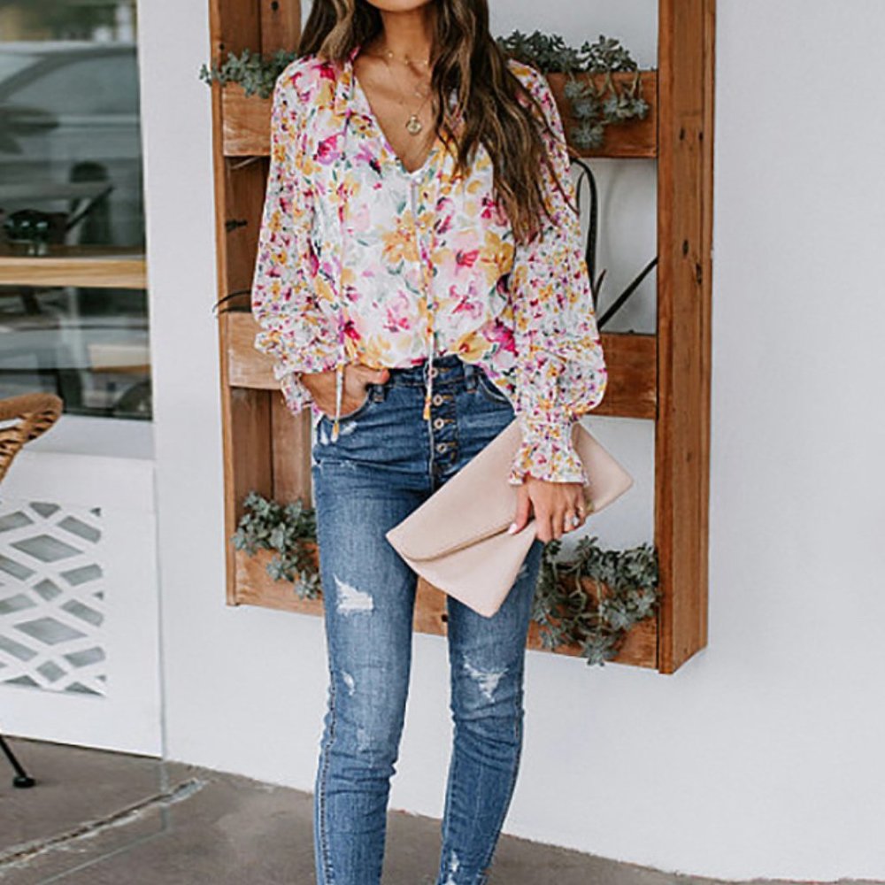 White Watercolor Pattern Print, Puffy Sleeve Top